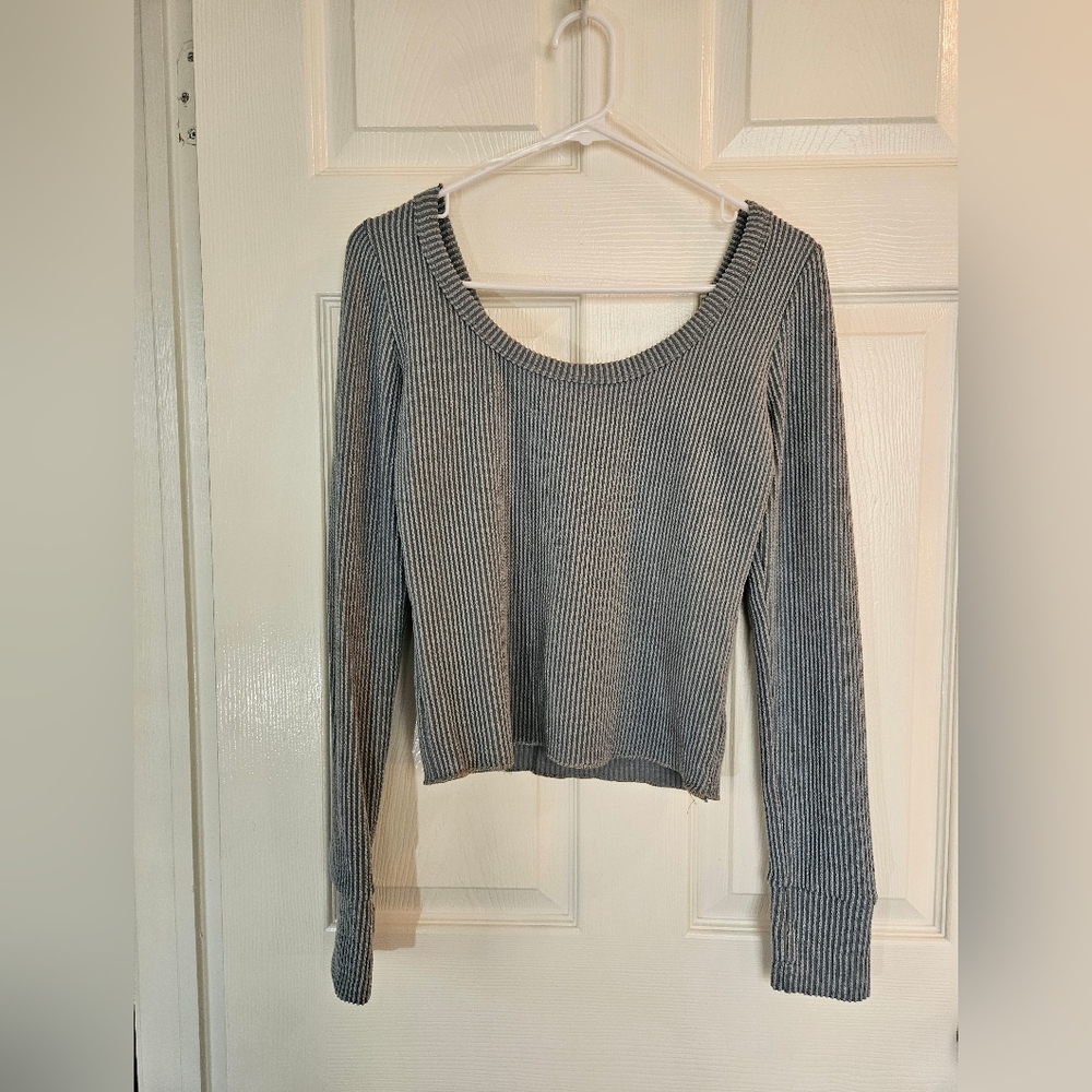 Ivory Love Cool Blue Ribbed Fitted Crop Blouse Womens Size M
